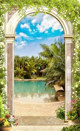 Арка с видом на бассейн, пальмы и тропики