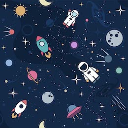 Космонавт, космический корабль, ракета и луна