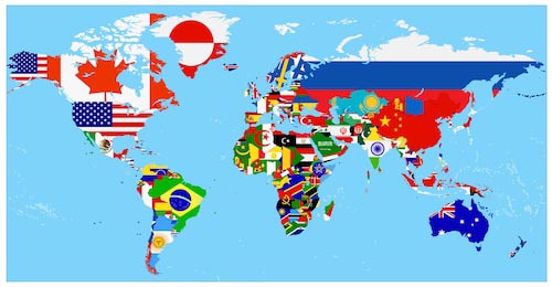 Карта мира с флагами стран на голубом фоне