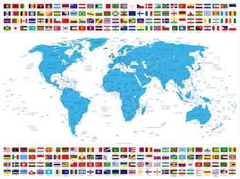Карта мира с флагами всех стран сверху и снизу