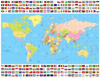 Цветная карта мира и вся коллекция флагов мира