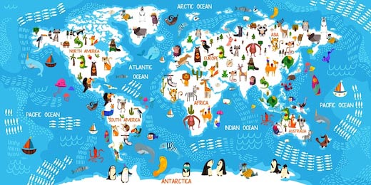 Детская карта мира c живоными мира и другими