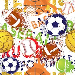 Красочный спортивный рисунок с мячами и надписями 