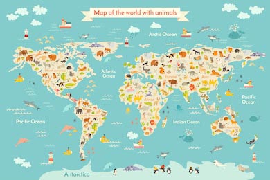 Карта мира для детей и малышей с множестом животных