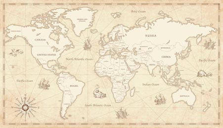 Детальная иллюстрация ретро карты мира с границами