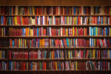 Красочная стена с книгами на полках в библиотеке