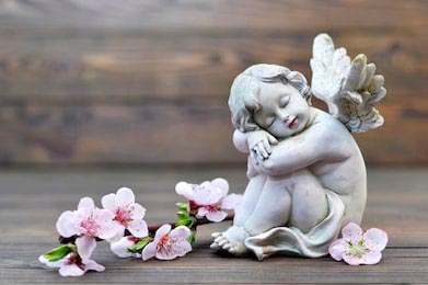 Маленький ангелок спящий возле веточки вишни 