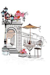 Иллюстрация украшенная цветами, вид на город и кафе