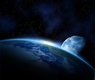 Планета Земля с восходом и луной в космосе