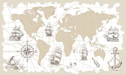 Карта мира с компасом, якорем и парусными кораблями