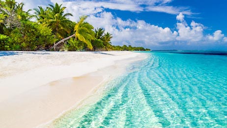 Красивый белоснежный пляж с пальмами на Мальдивах