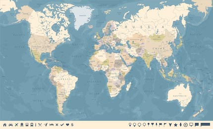 Темная винтажная политическая карта мира c маркерами