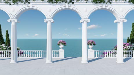 Романтический вид на море с аркой в римском стиле