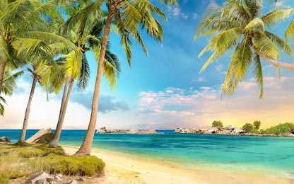 Пальмы на берегу океана с видом на маленькие острова