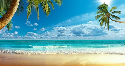 Песок и голубая вода на тропическом пляже с пальмами