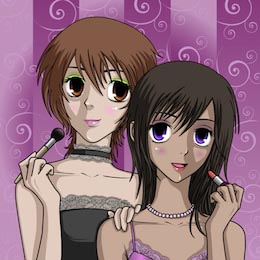 Две девушки из анимэ делающие макияж