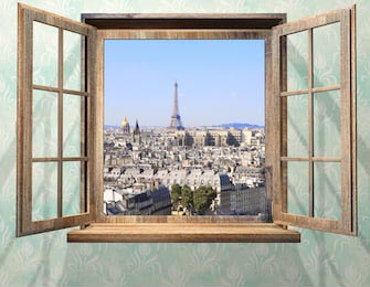 Роскошный вид из раскрытого окна на Эйфелевую башню
