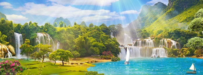 Вид на водопады и горы с яркими лучами солнца