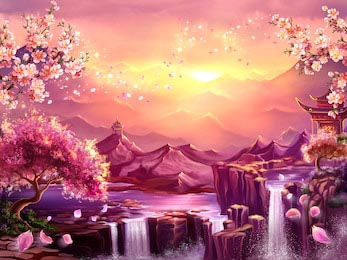 Горный пейзаж рассвета с цветением сакуры