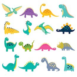 Смешная коллекция цветных динозавров на белом фоне
