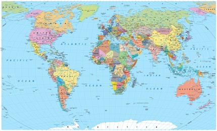 Яркая карта мира с границами стран и городами