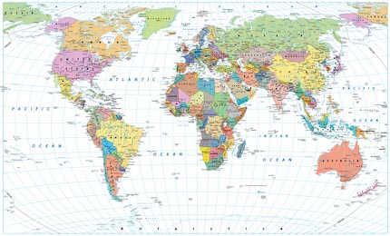 Цветная карта мира границы, страны, дороги и города