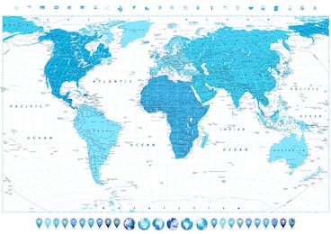 Карта мира в синих тонах с 3d-глобусами снизу