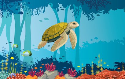 Черепаха, риф, рыбы и подводная пещера на синем море