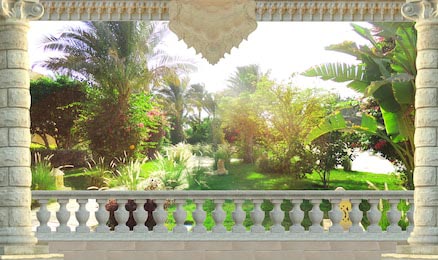 Вид с террасы с белыми большими колонами на сад