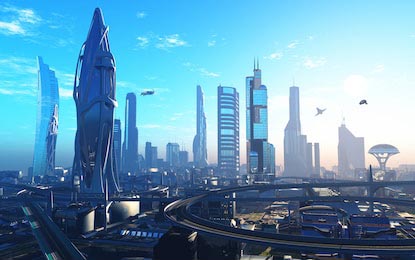 Футуристический город с космическими кораблями 3d
