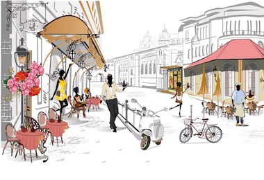 Уличные кафе с людьми в старом городе иллюстрация