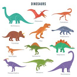 Разноцветные динозавры и их названия на белом фоне