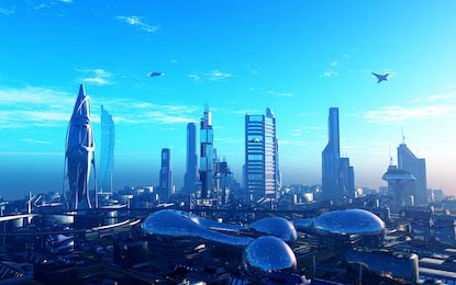 Фантастический город из будущего на фоне неба 3d