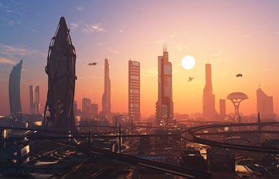 Закат над фантастическим 3D-городом будущего