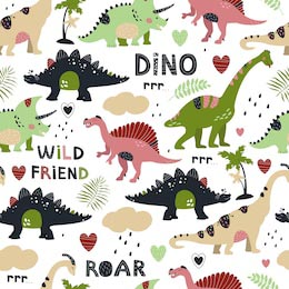 Цветные динозавры с листьями, тучками и сердечками
