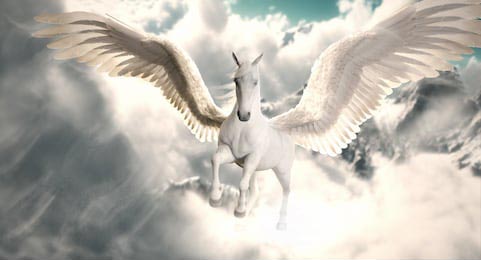 Лошадь Пегас летящая высоко над облаками