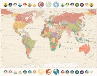 Винтажная подробная карта мира с круглыми значками