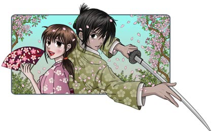 Японская девушка с веером и юноша с мечом в саду