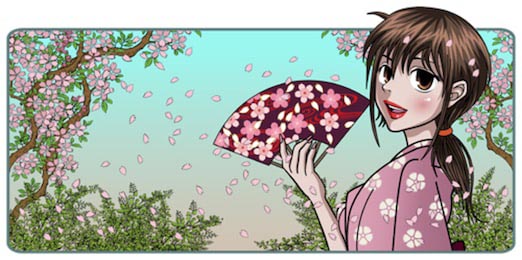 Японская леди держит веер в саду цветущих сакур