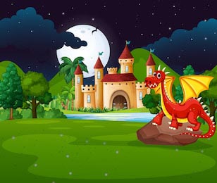 Маленький красный дракончик охраняет свой замок