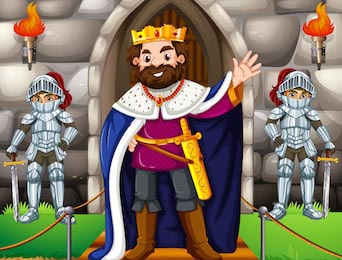 Король и два рыцаря на фоне каменного замка