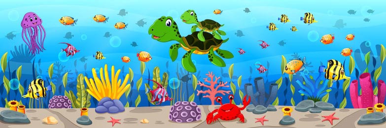 Мультяшная черепаха и рыбы под водой