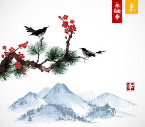 Птицы на ветке сакуры и сосны и далекие горы
