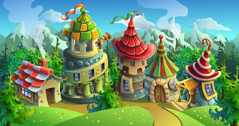 Сказочная деревня с яркими домами и замками