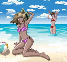 Девушки на пляже, наслаждаются солнцем и морем
