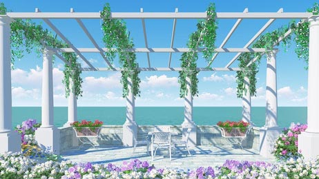 Цветочная терраса со столиками с видом на море