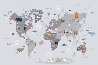Детская карта мира c живоными в серых оттенках