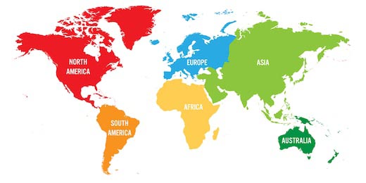 Карта мира шести континентов в цвете