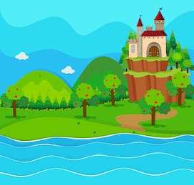 Сказочный замок на горе у реки 