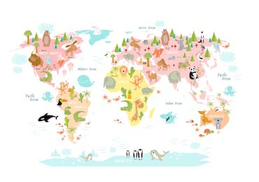 Карта мира векторная с животными для детей
